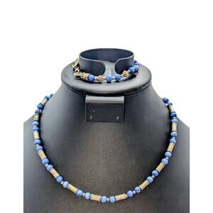 Blue Stone Silver Tone Beaded 18" Necklace and 7.5" Bracelet Set